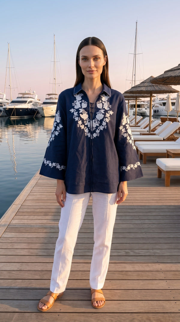 Navy Linen Embroidered Tunic